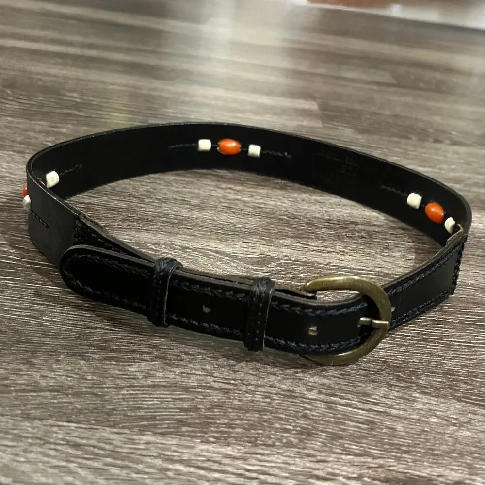 Vintage L.L.Bean Black Leather Beaded Belt Sz L Brass Buckle Western Boho Unisex